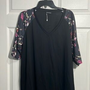 Bloomchic Women’s Floral Patchwork Raglan Sleeve T-shirt - Black - 1x